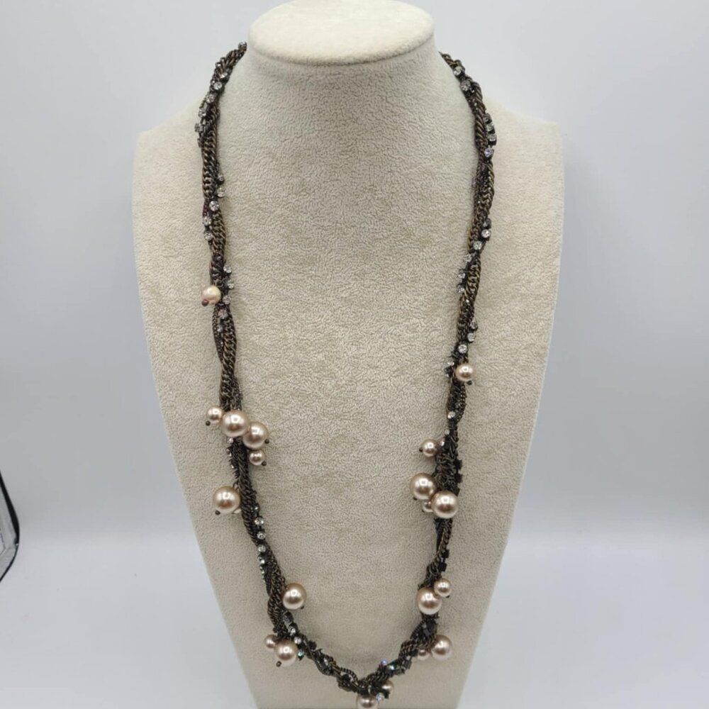 J Crew Copperish Necklace with Faux Pearls and Clear Crystals - Picture 13 of 13